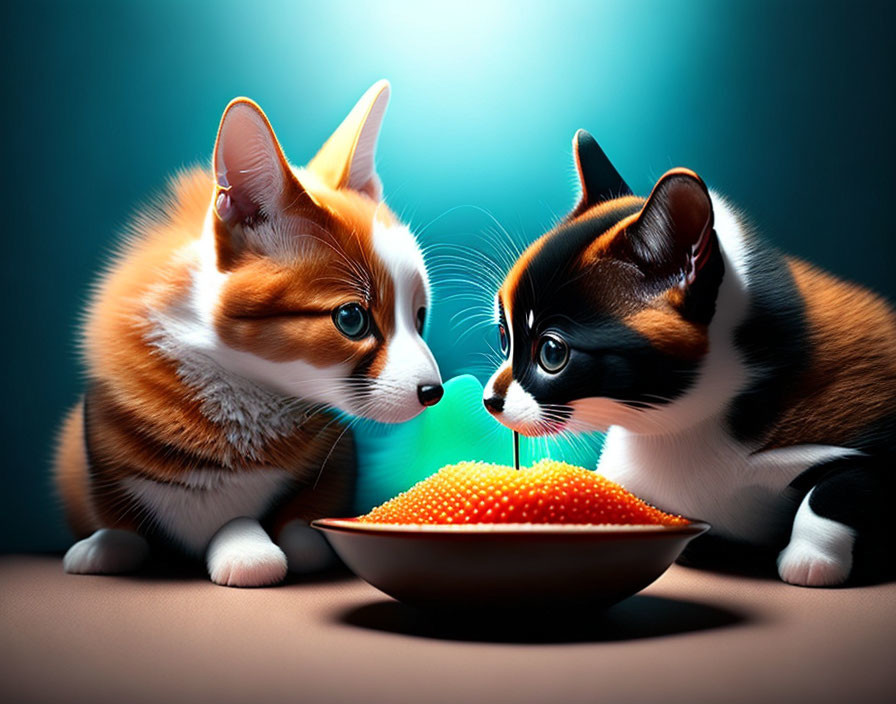 Cartoon kittens with large eyes and fish roe on a table