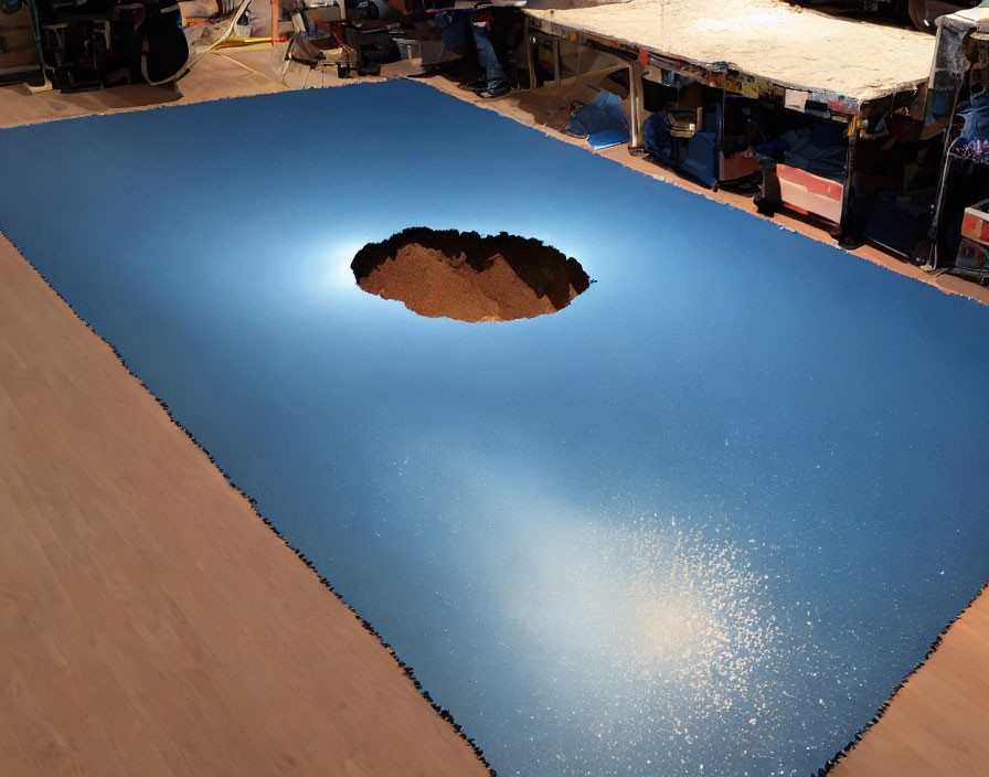 Realistic 3D floor mural with gaping hole on shiny blue background