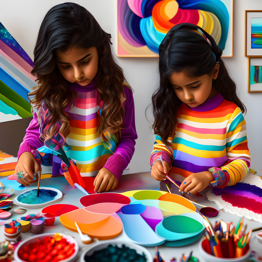 Two girls painting on table with art supplies and vibrant artworks.