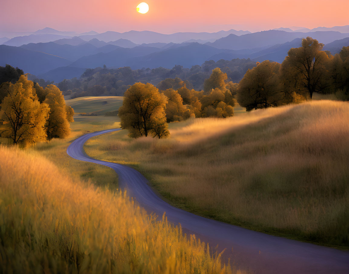 Scenic landscape with winding road, golden trees, tall grass, and layered mountains