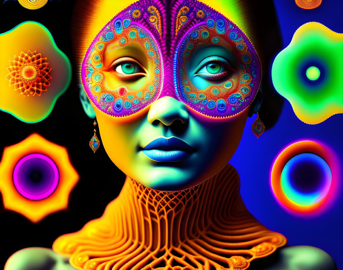 Colorful digital portrait of a woman with decorated mask and neon hues