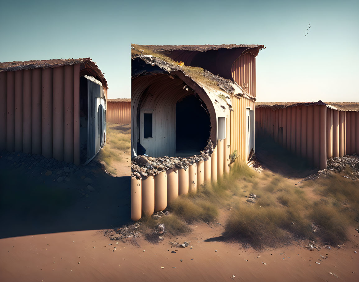 Eroded doorway of abandoned desert buildings with flying bird