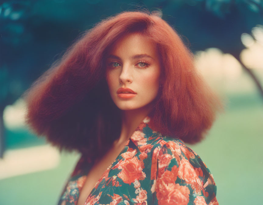 Auburn-haired woman in floral dress poses outdoors with captivating gaze.