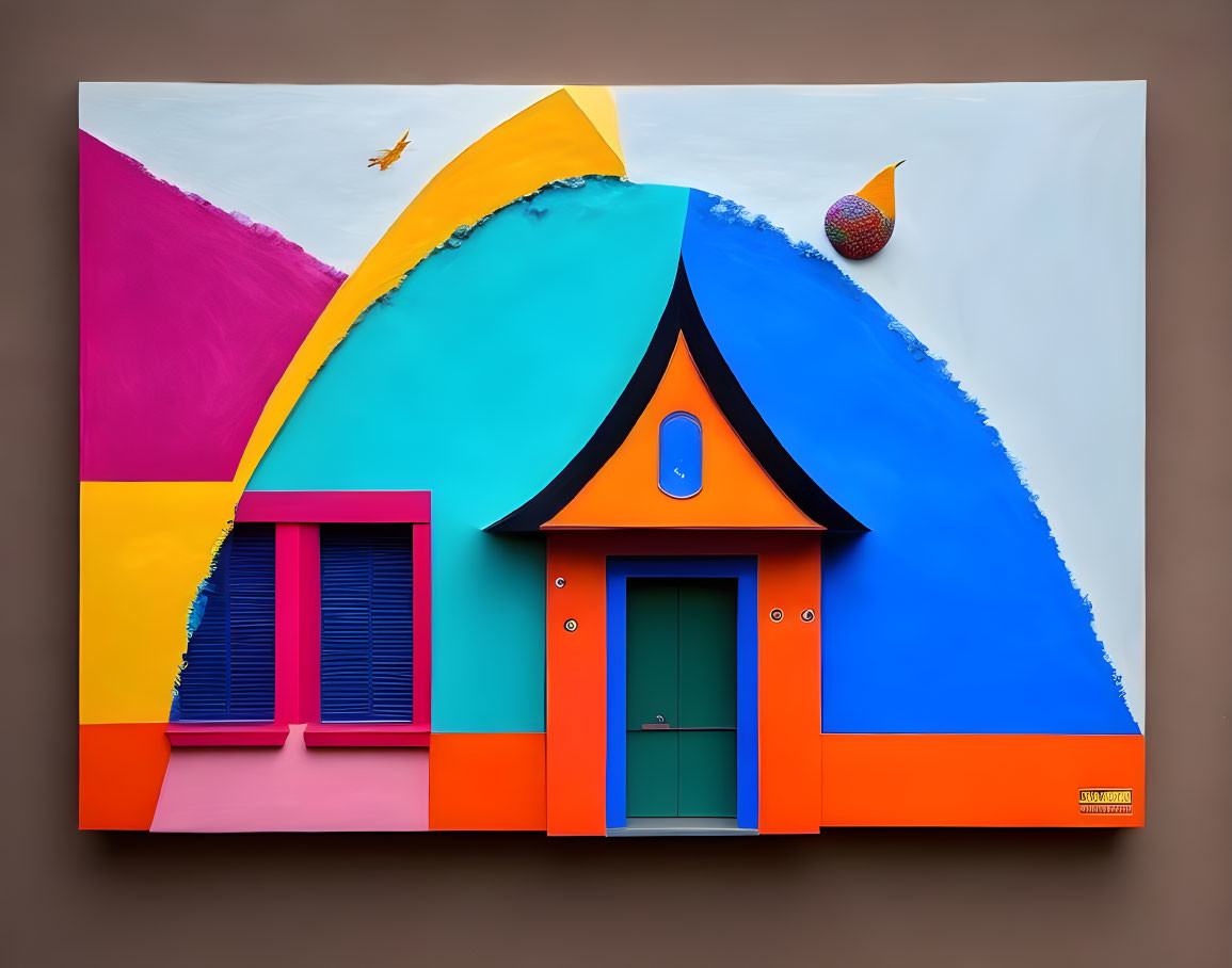 Vibrant abstract house painting with pink, blue, orange, and purple shapes