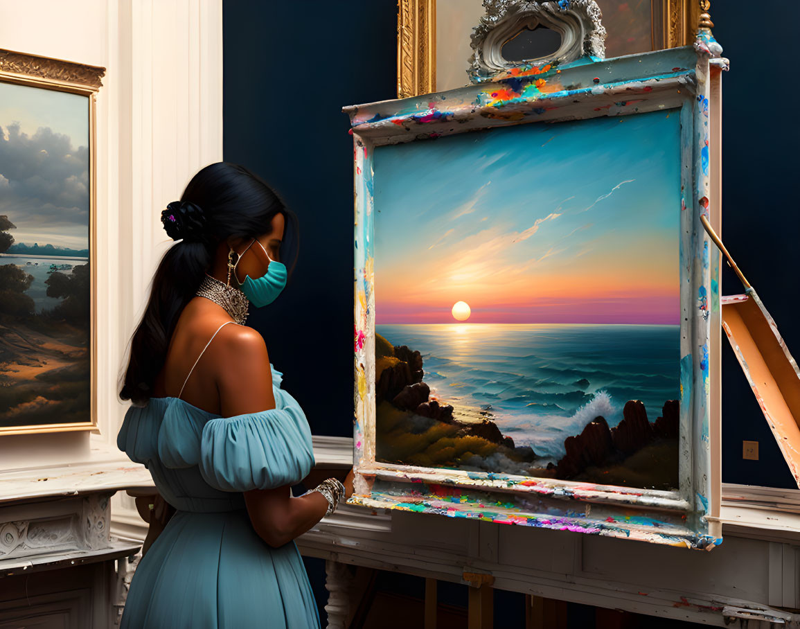 Woman in blue dress with face mask admires seaside sunset painting