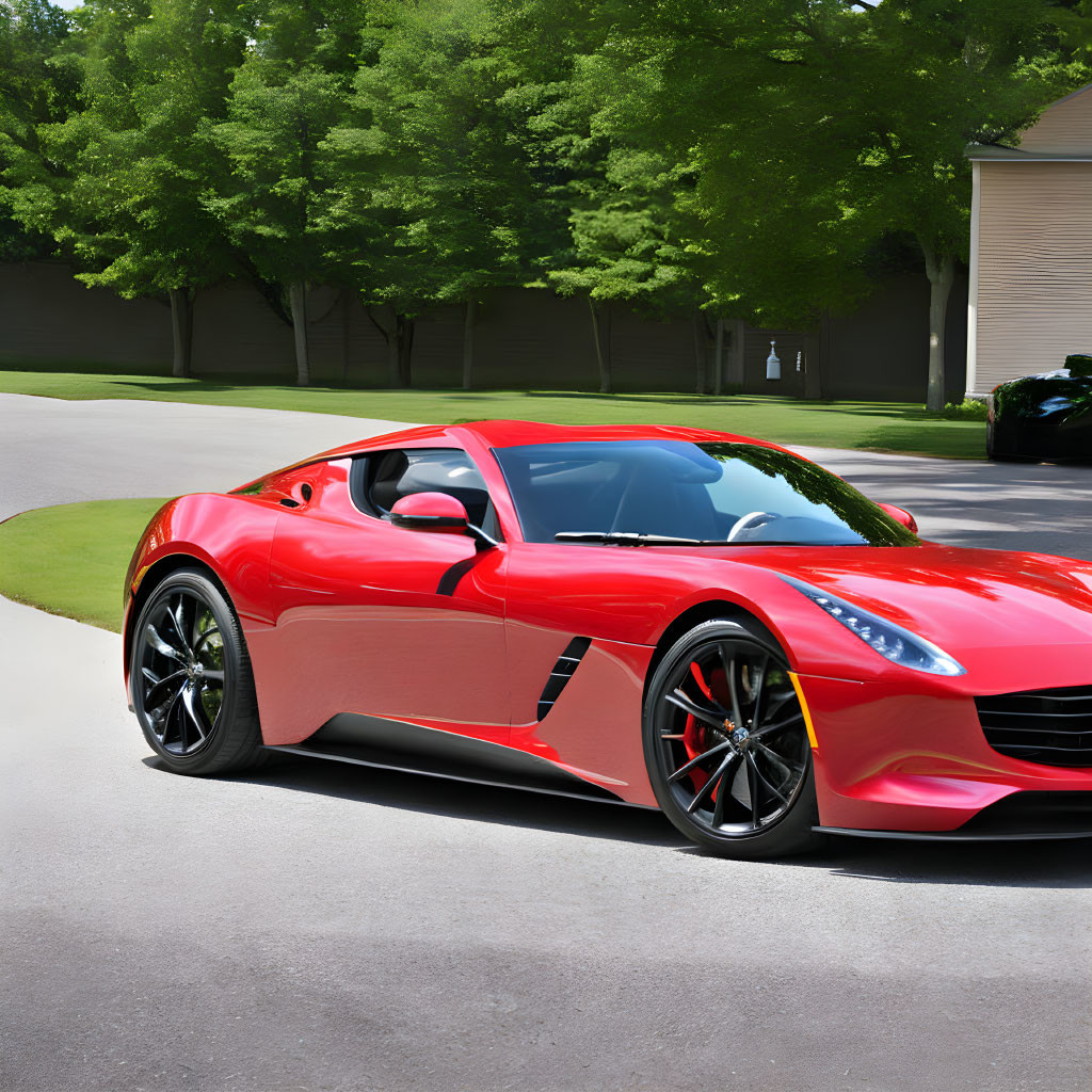 Red Sports Car with Black Wheels Parked on Sunny Street