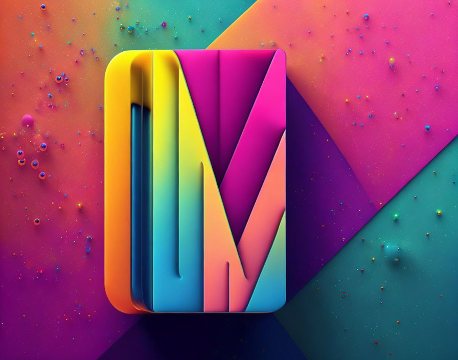 Vibrant 3D letter "M" on glossy, multicolored background