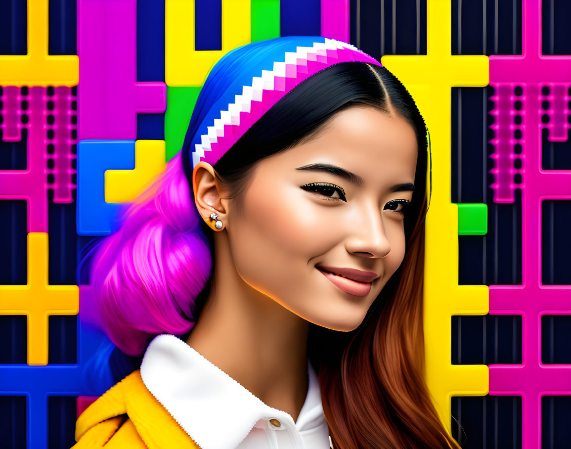 Colorful digital artwork: Smiling woman with vibrant hair & geometric background