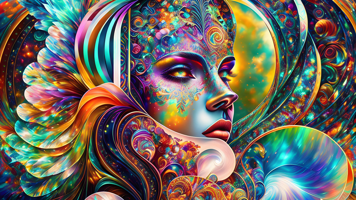 Colorful Digital Art: Woman with Cosmic Patterns and Swirls