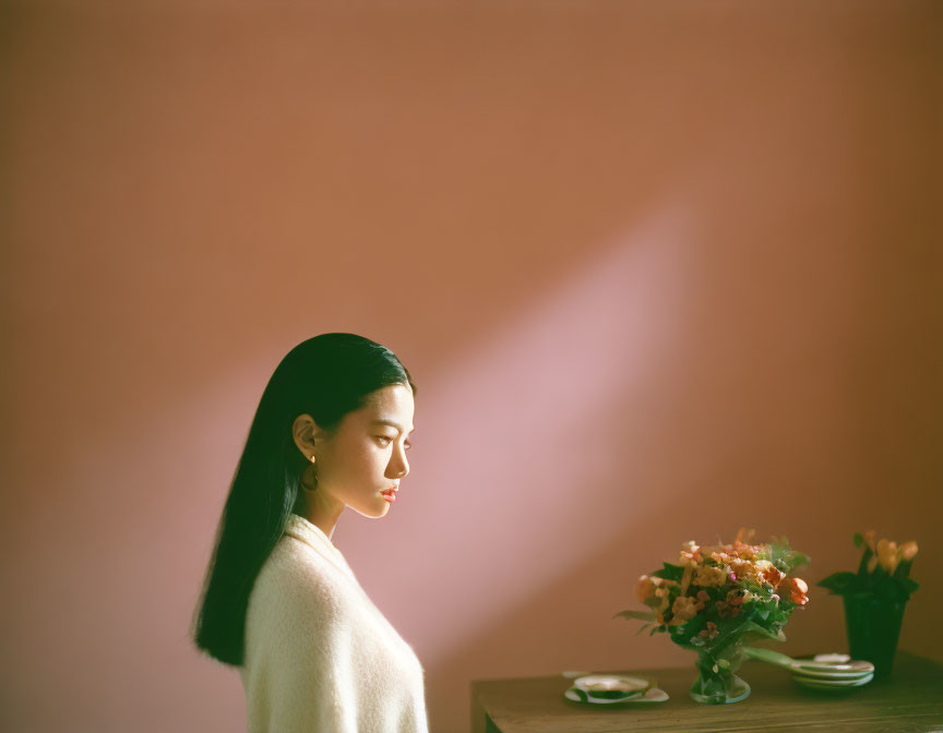 Woman Contemplating by Table with Flowers in Sunlit Room