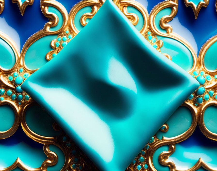 Vibrant close-up of jewel-encrusted turquoise square with ornate gold patterns.