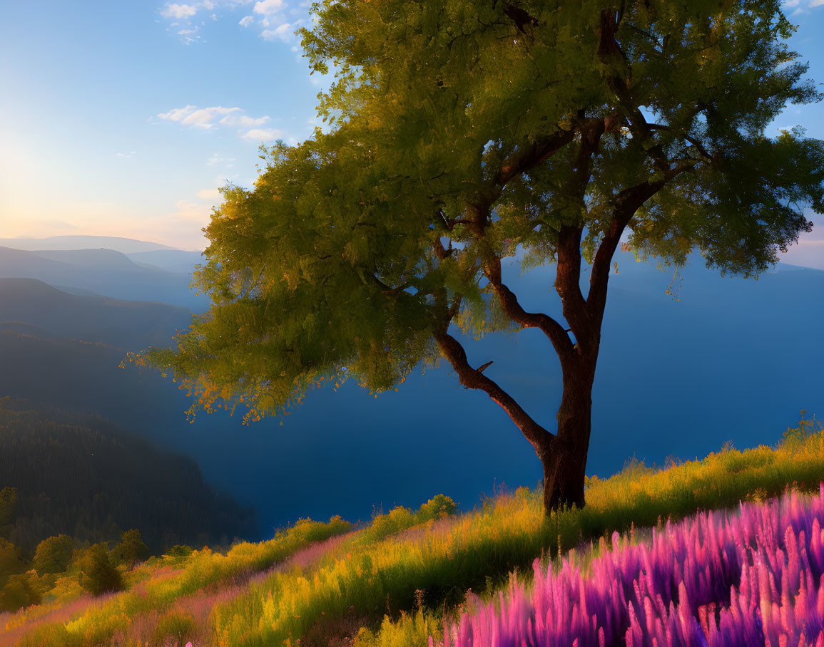 Lonely tree on colorful hill with pink flowers under sunset sky.