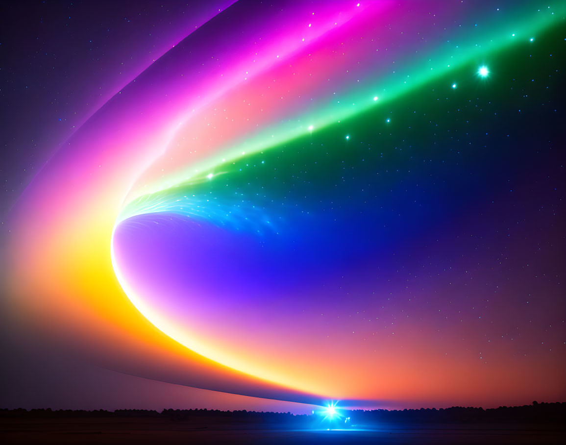 Vibrant neon-hued aurora above planetary horizon