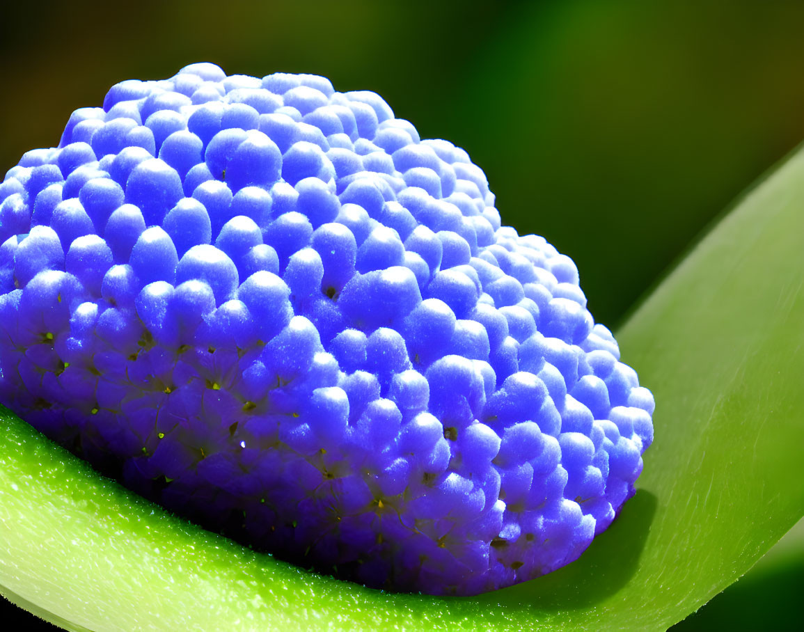 Vibrant blue bromeliad flower buds on green leaf in sunlight