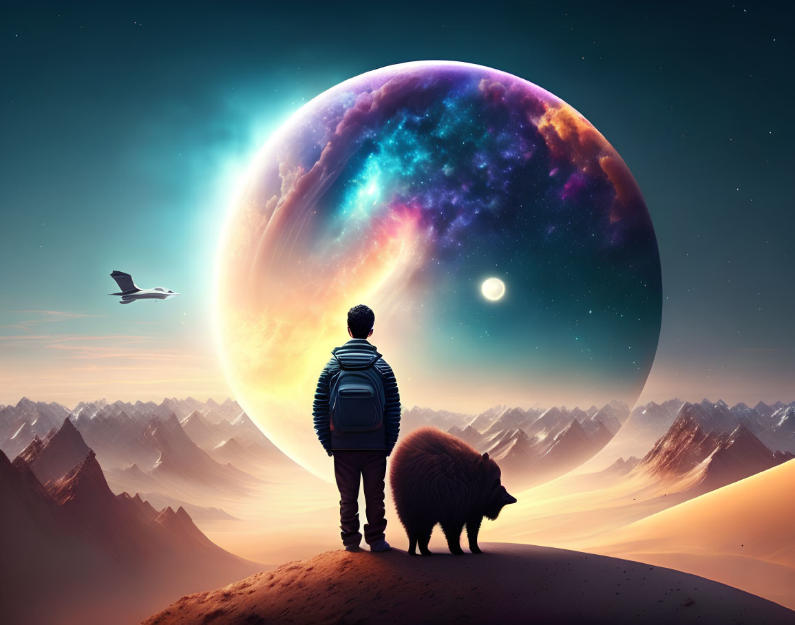 Person and dog admire colorful planet in desert landscape