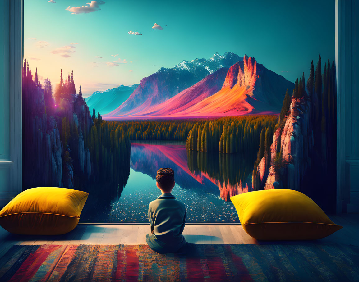 Person sitting on rug between yellow pillows by window with serene lake view at sunset