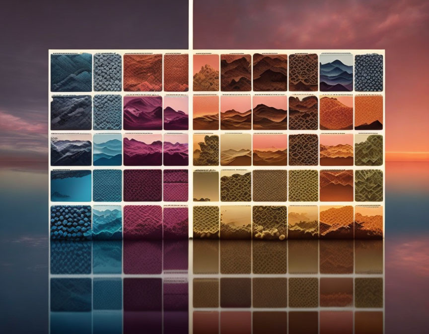 Square Tiles Grid with Textures and Colors Reflecting on Glassy Surface