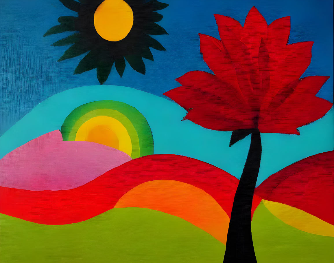 Colorful painting of red tree, yellow sun, hills, and rainbow