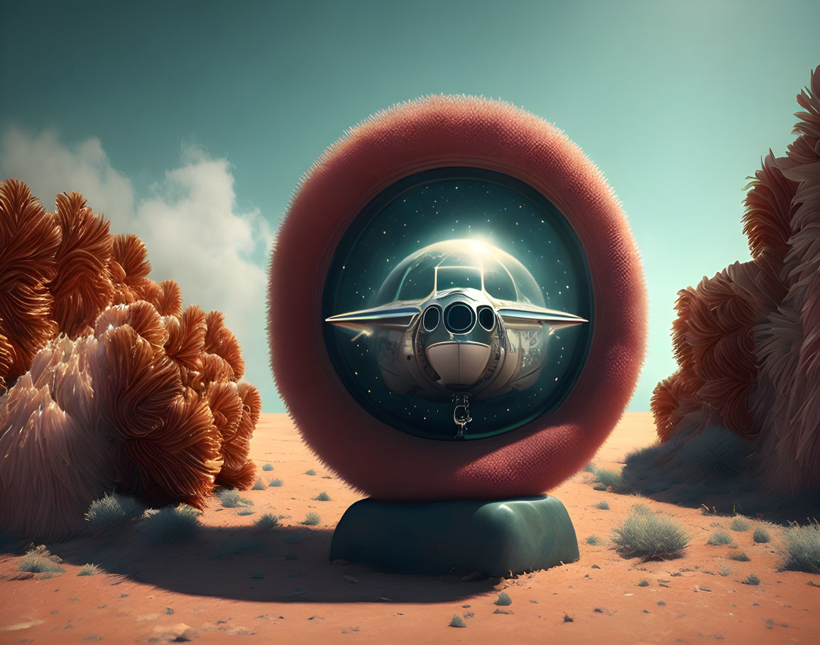 Surreal image of plane with face in furry ring among fluffy trees