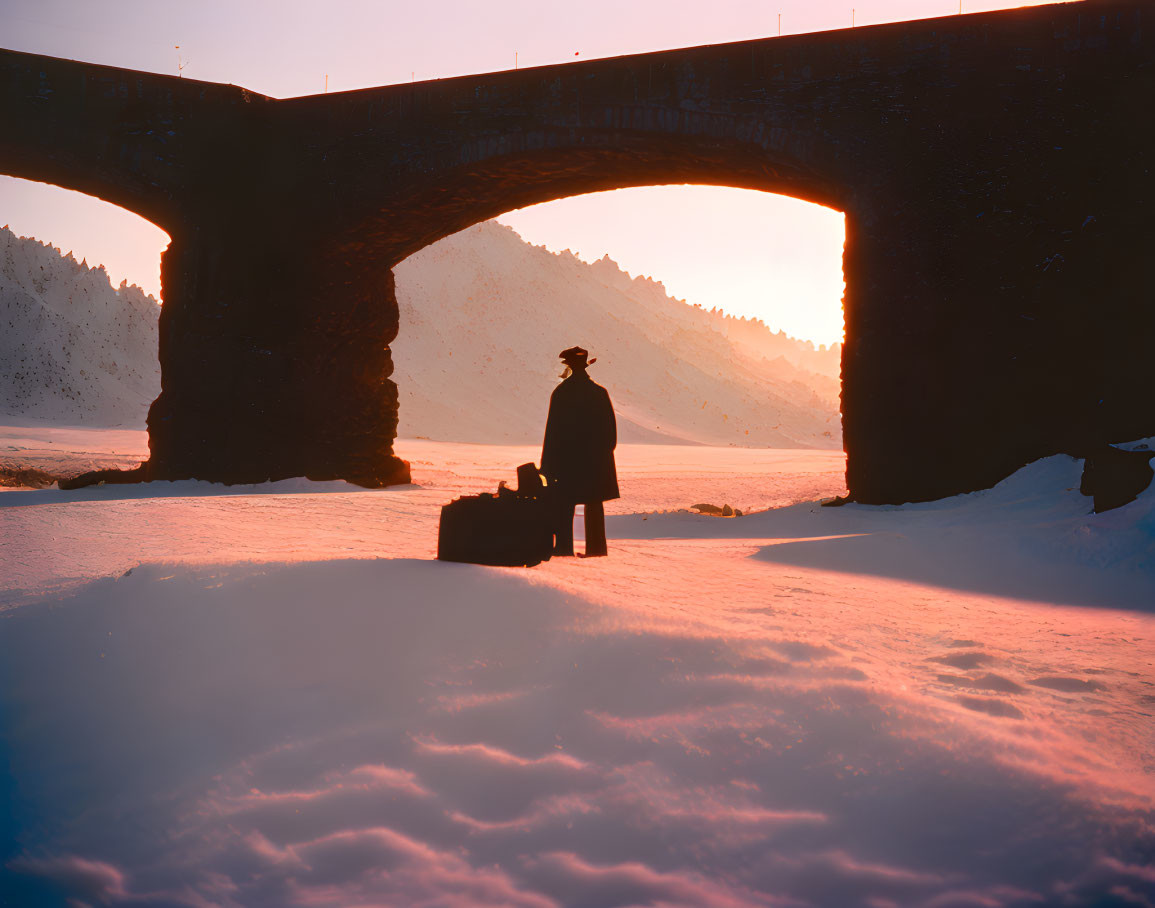 Person's Silhouette in Snow under Arch Bridge at Sunset