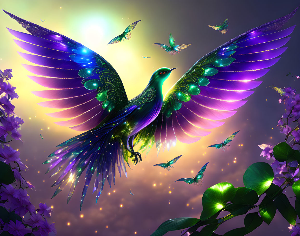 Colorful mythical bird surrounded by glowing butterflies and flowers