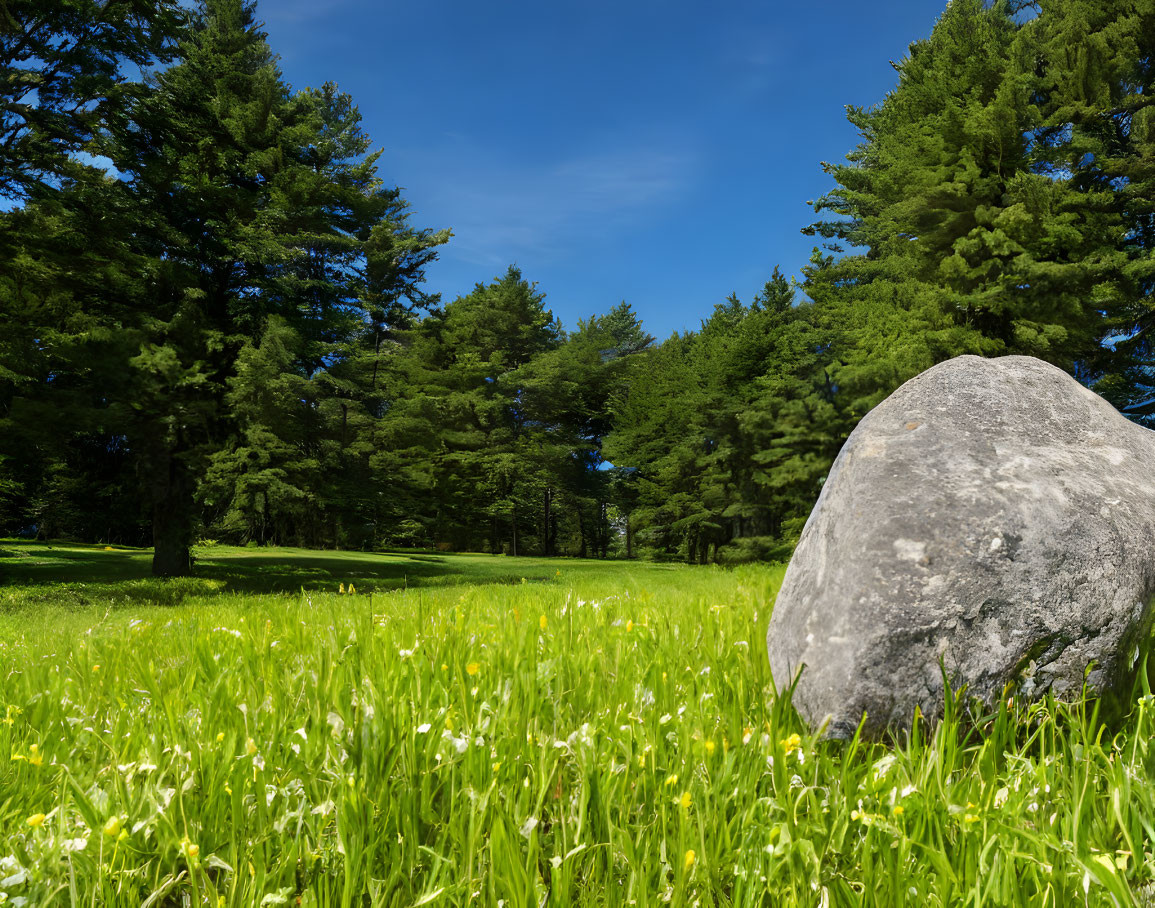 Scenic green field with white flowers, pine trees, and boulder