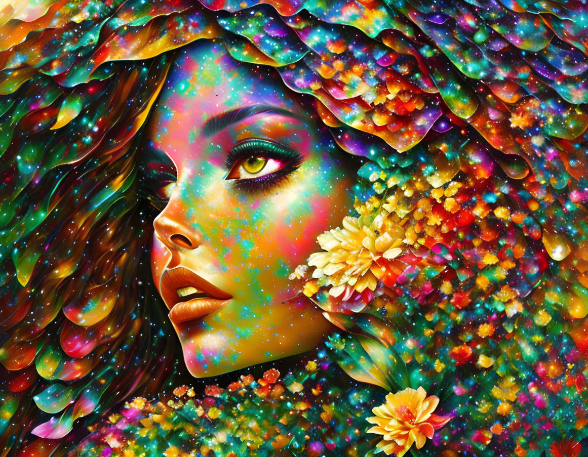 Colorful portrait of a woman with cosmic hair and flowers in a dreamy setting