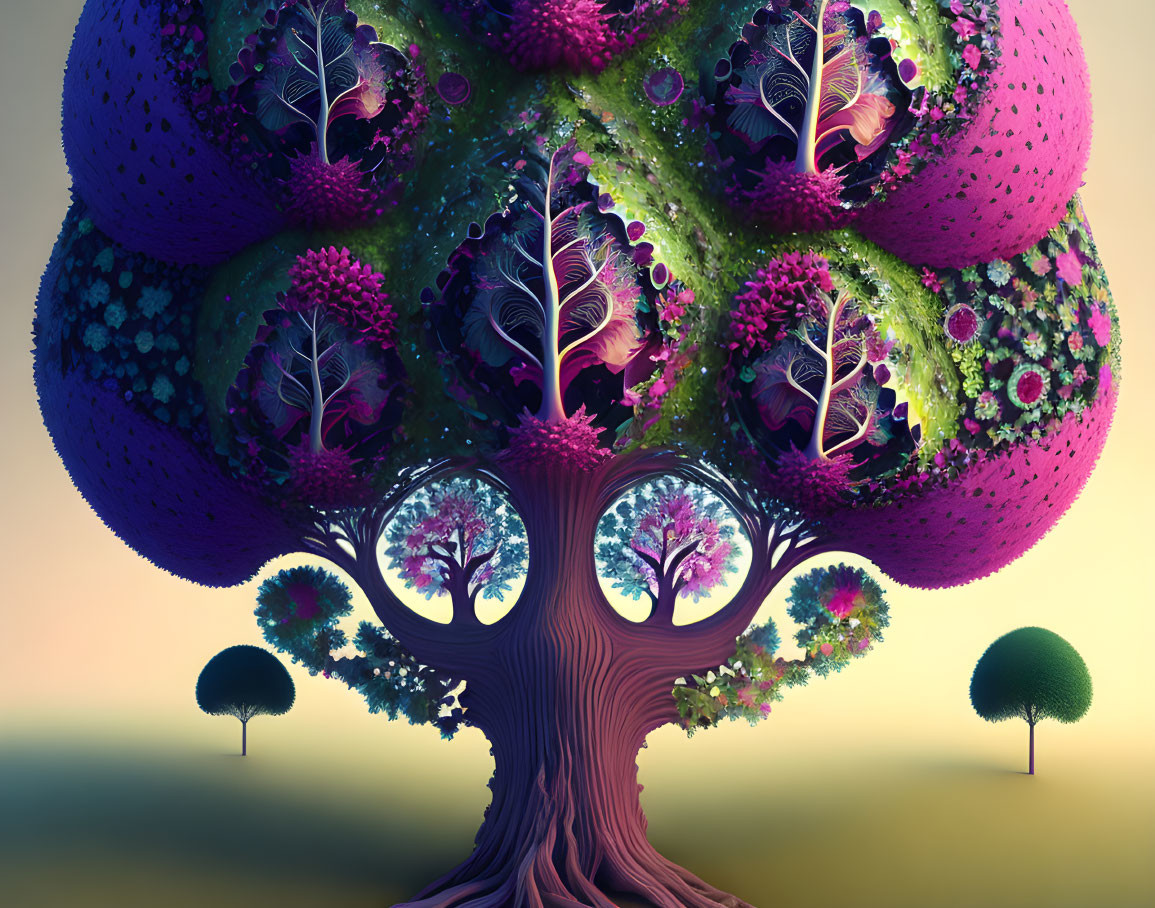Colorful Tree Illustration with Vibrant Crown & Fractal Patterns
