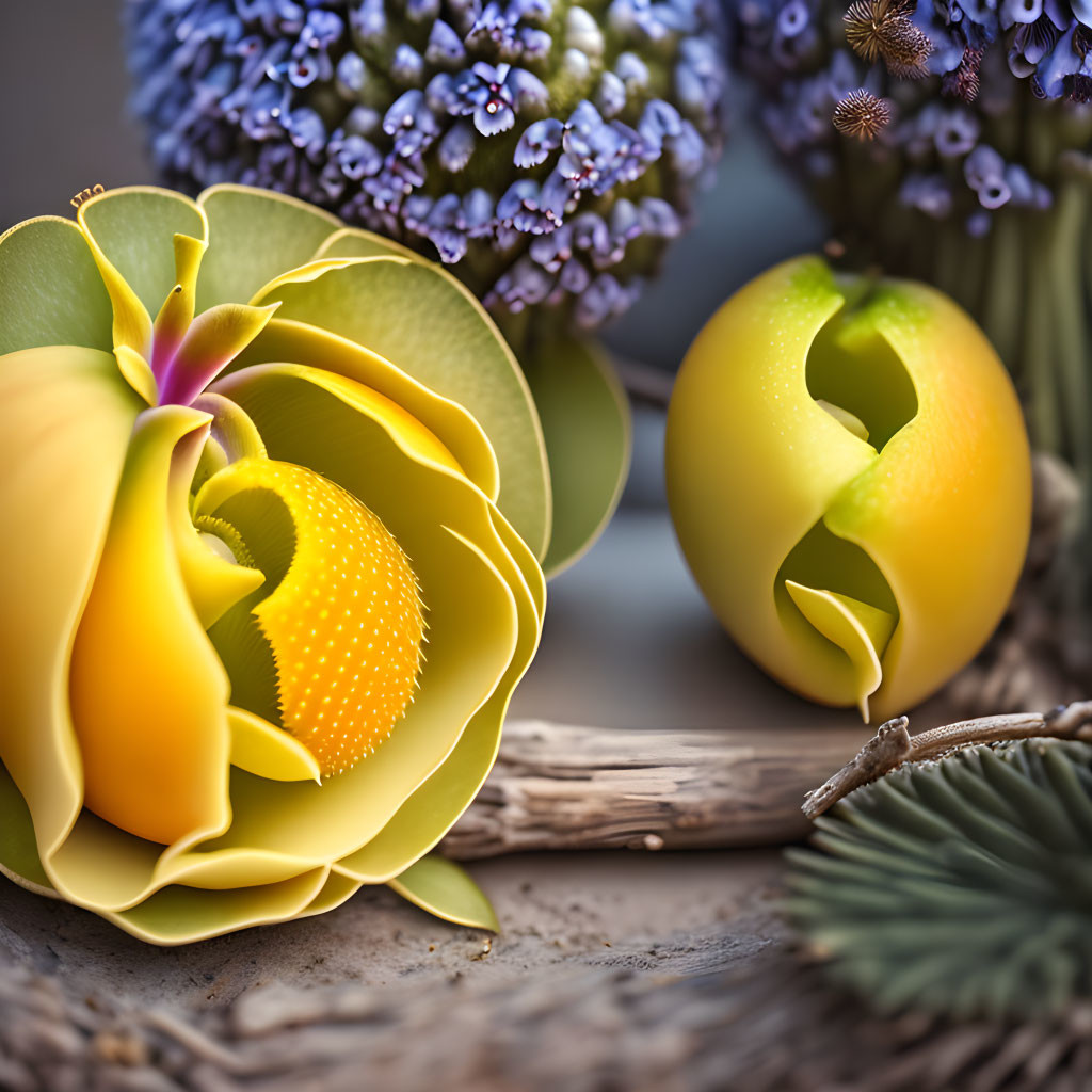 Decorative yellow flower-like spheres with purple flowers and pine needles.