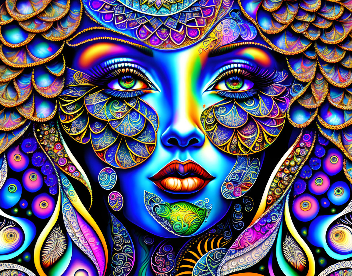 Colorful Psychedelic Portrait of Woman with Intricate Patterns