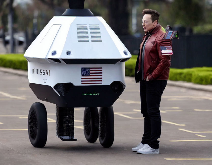 Man in brown leather jacket with toy rocket next to white and black wheeled robot with "MUSS