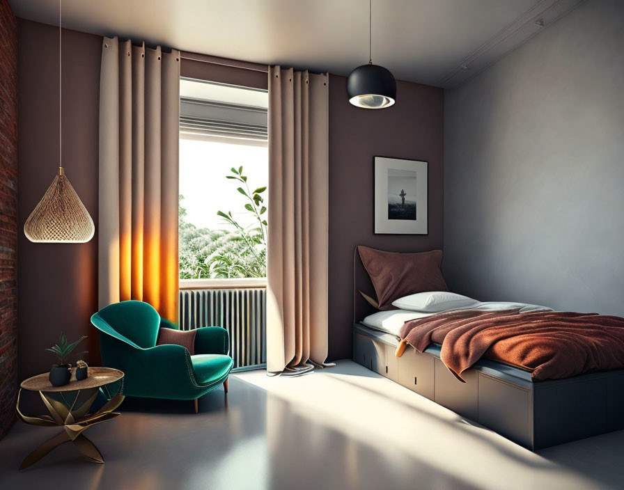 Modern Bedroom with Plush Green Armchair, Orange Accents, Pendant Light & Window Curtains