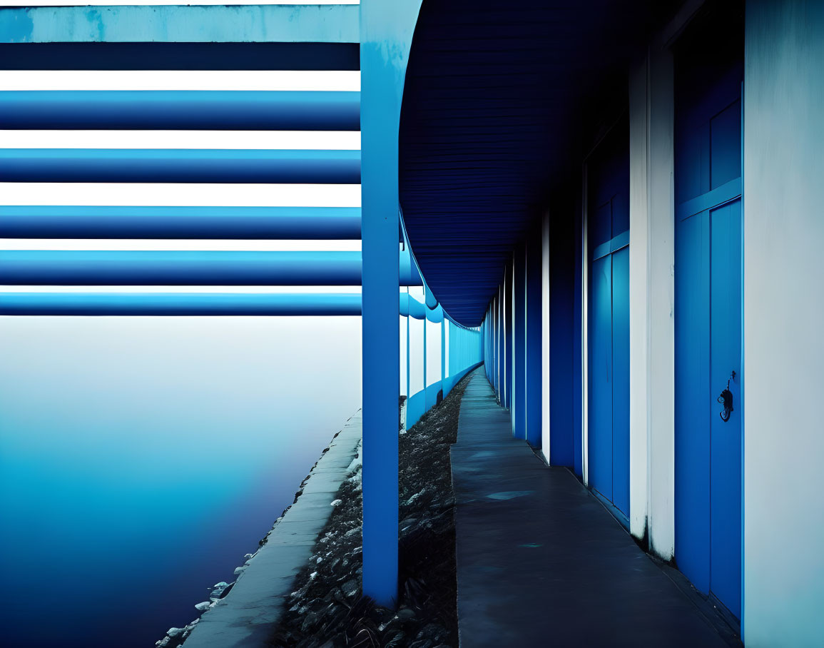 Blue Doors in Shaded Walkway with Horizontal Lines on Misty Blue Background