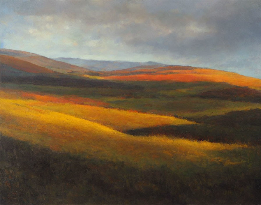 Tranquil landscape painting of rolling hills at dawn or dusk