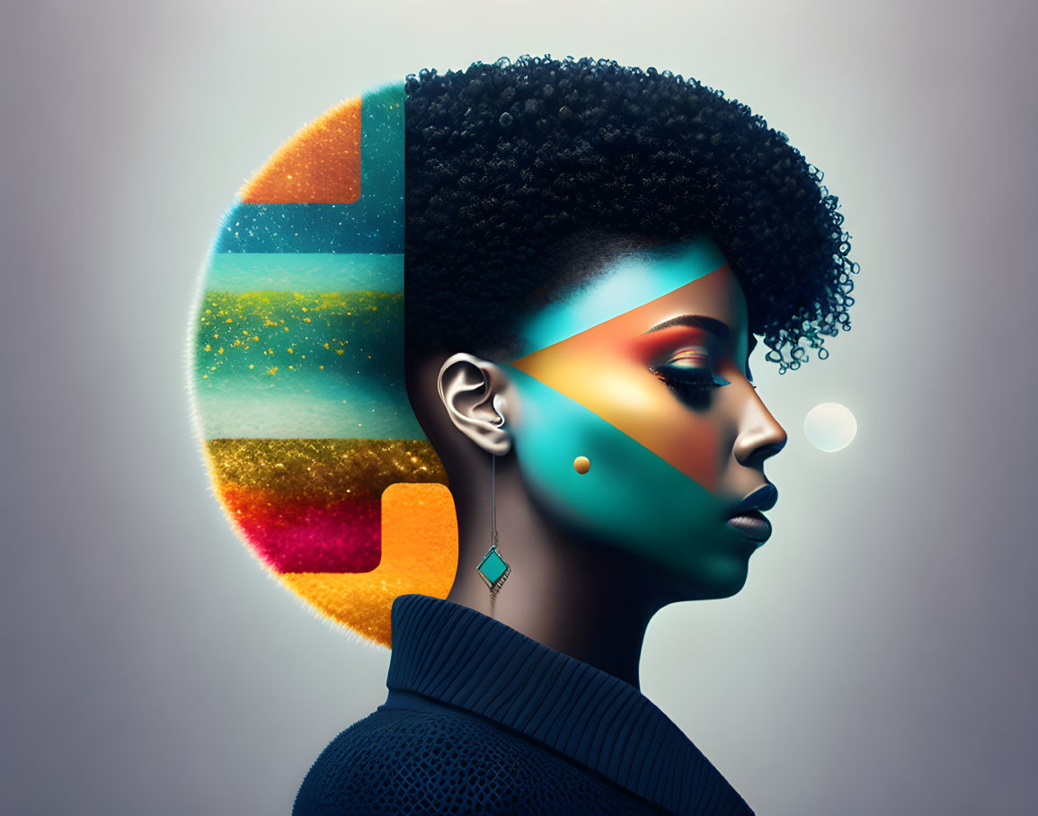 Colorful surreal portrait of a woman with cosmic theme and celestial elements blending into her head