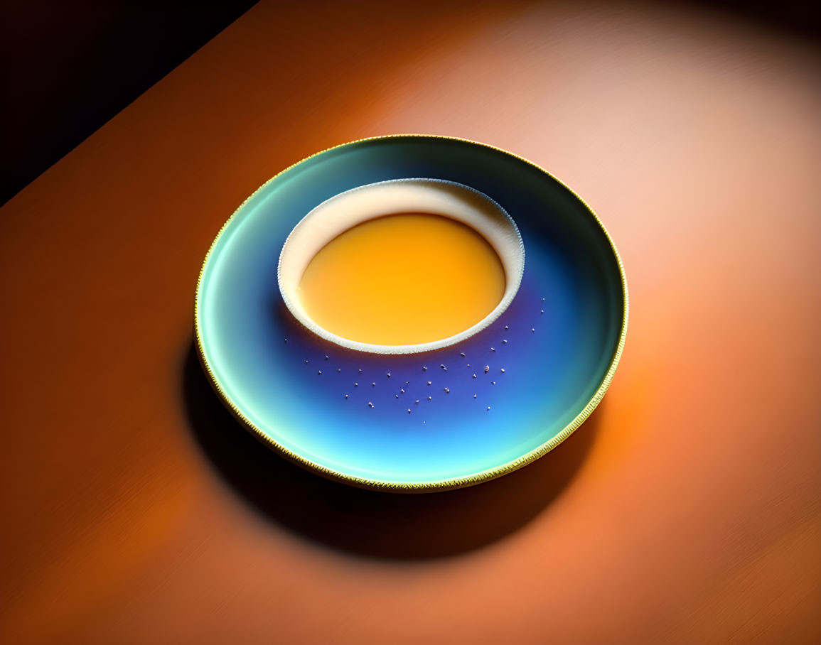 Colorful Ceramic Bowl on Wooden Surface with Blue Gradient