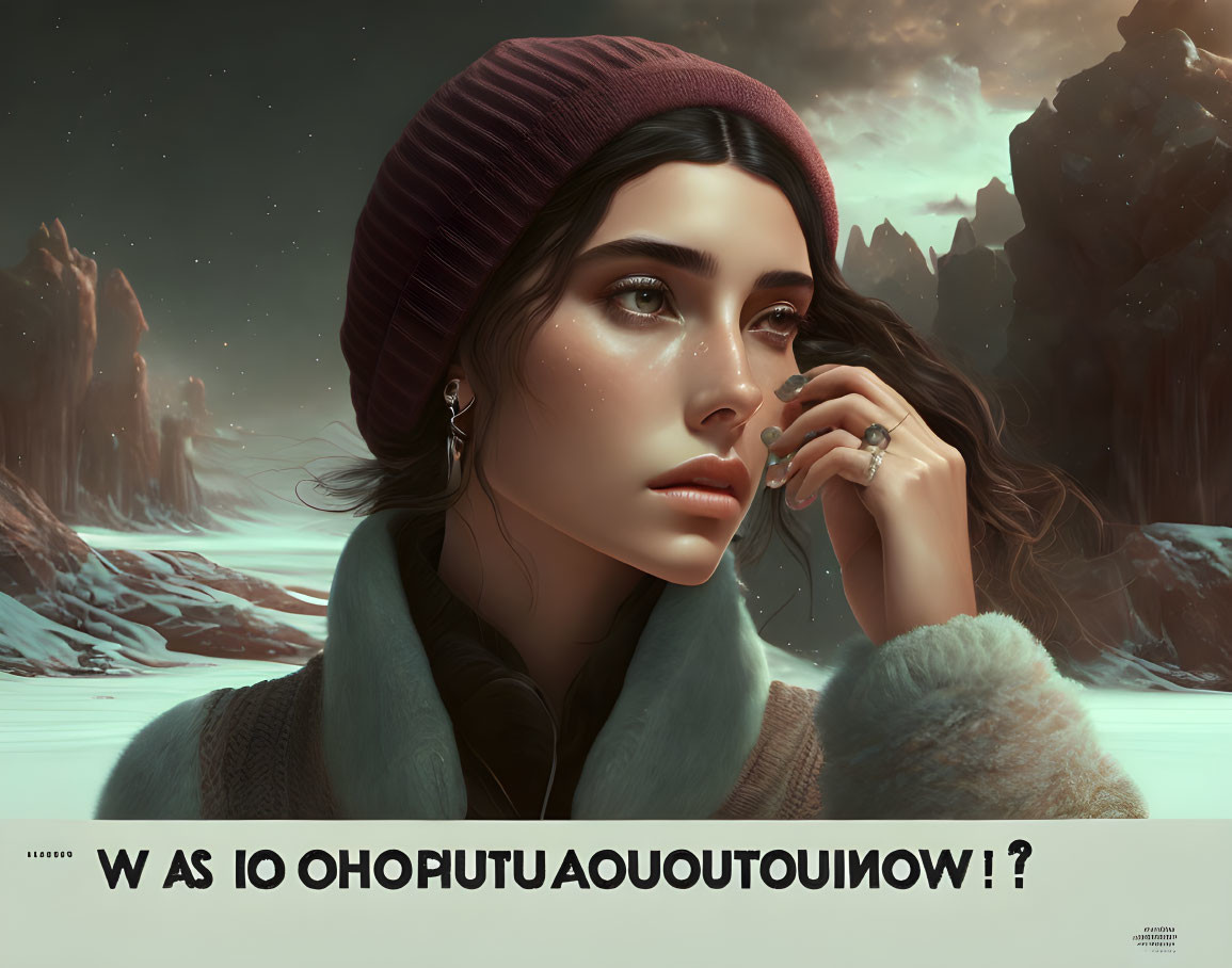 Contemplative woman in beanie with snowy mountain landscape and mysterious code.