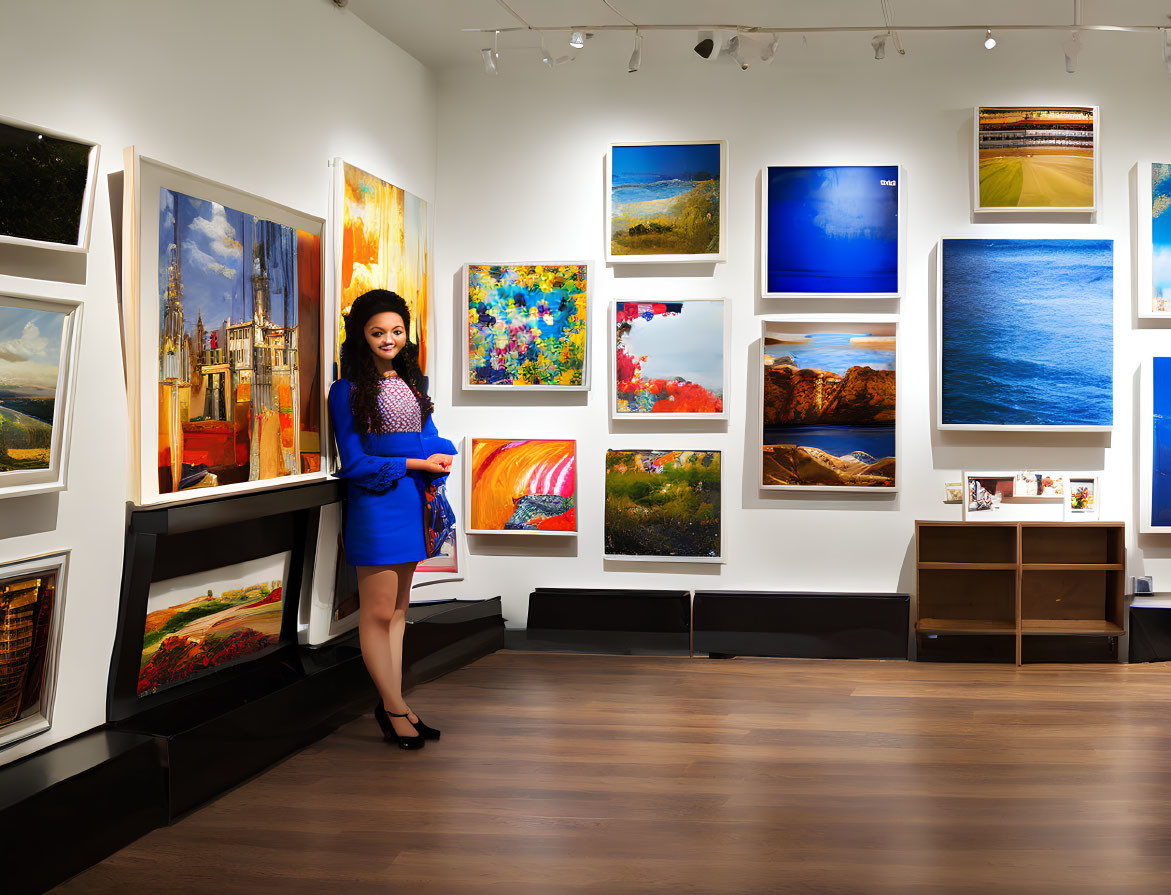 Art gallery with woman in blue dress and diverse paintings on walls.