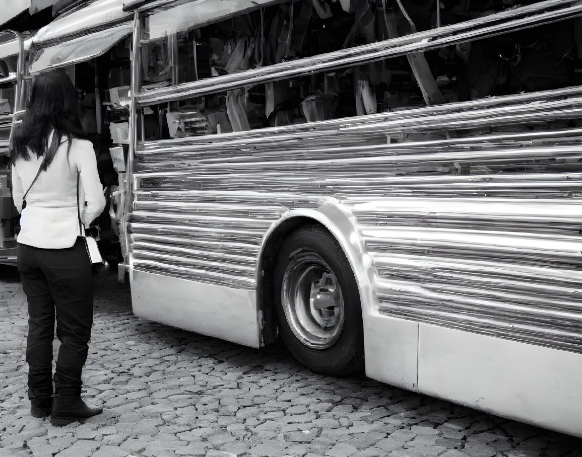 Monochrome photograph of woman near chrome-sided bus