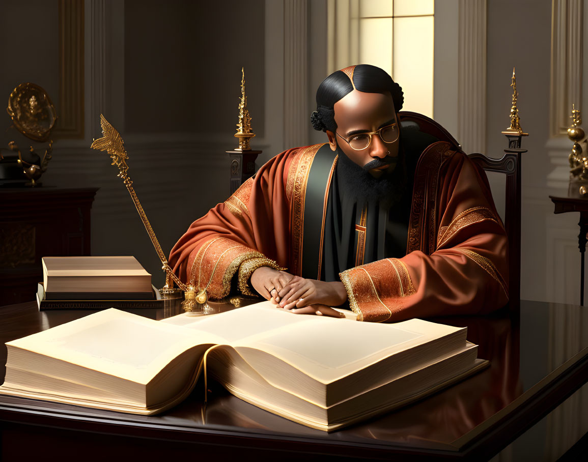 Bearded scholar in red robe at desk with open book and pen