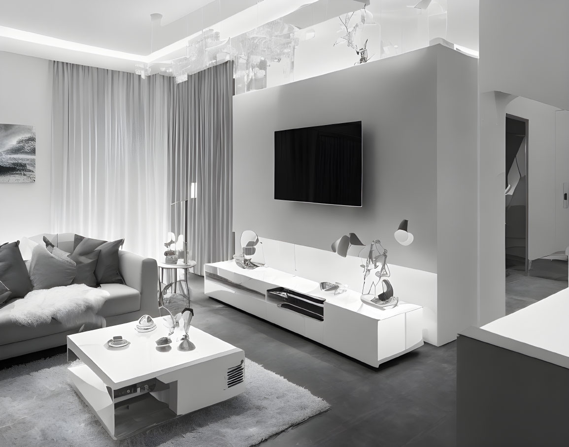 Monochromatic modern living room with white furnishings, gray sofa, wall-mounted TV, plush rug,