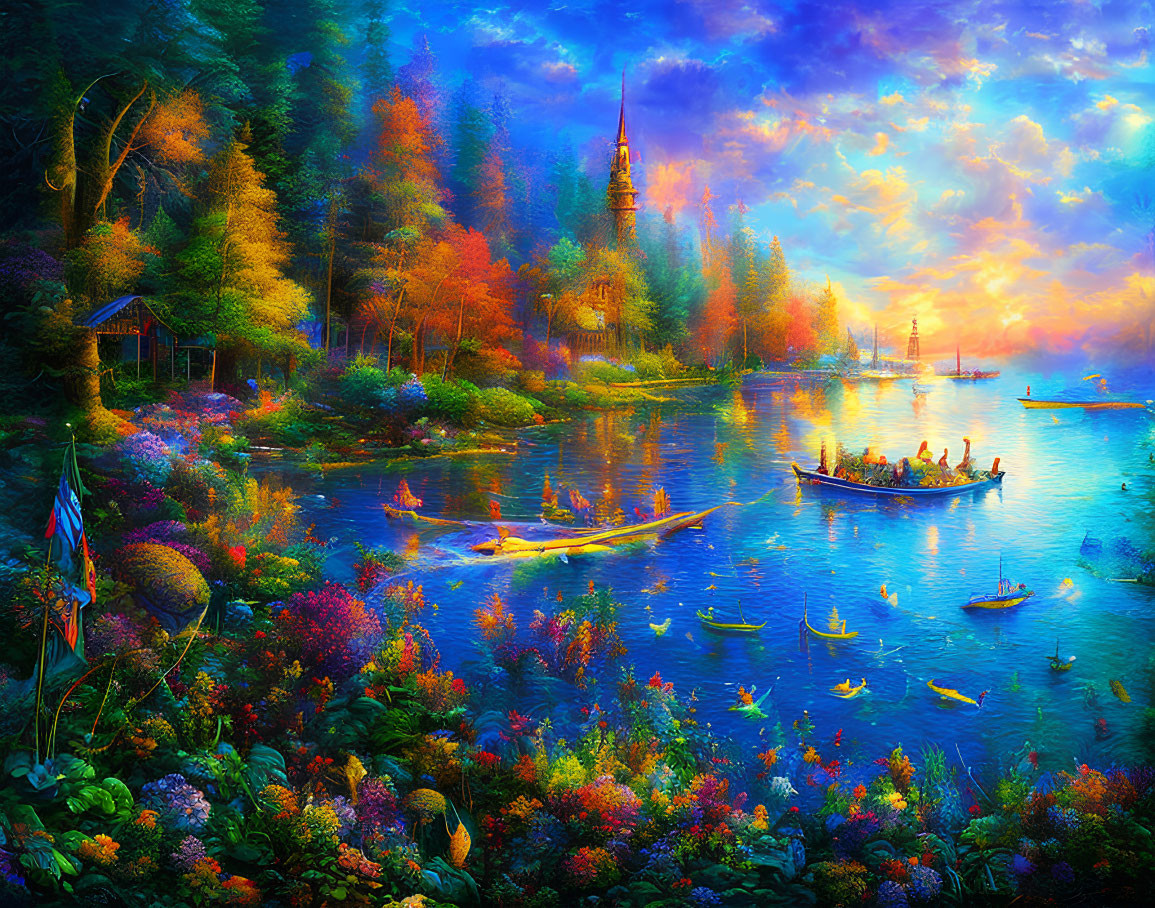 Colorful Landscape with Lake, Forests, Boats, Village, and Sunset Sky