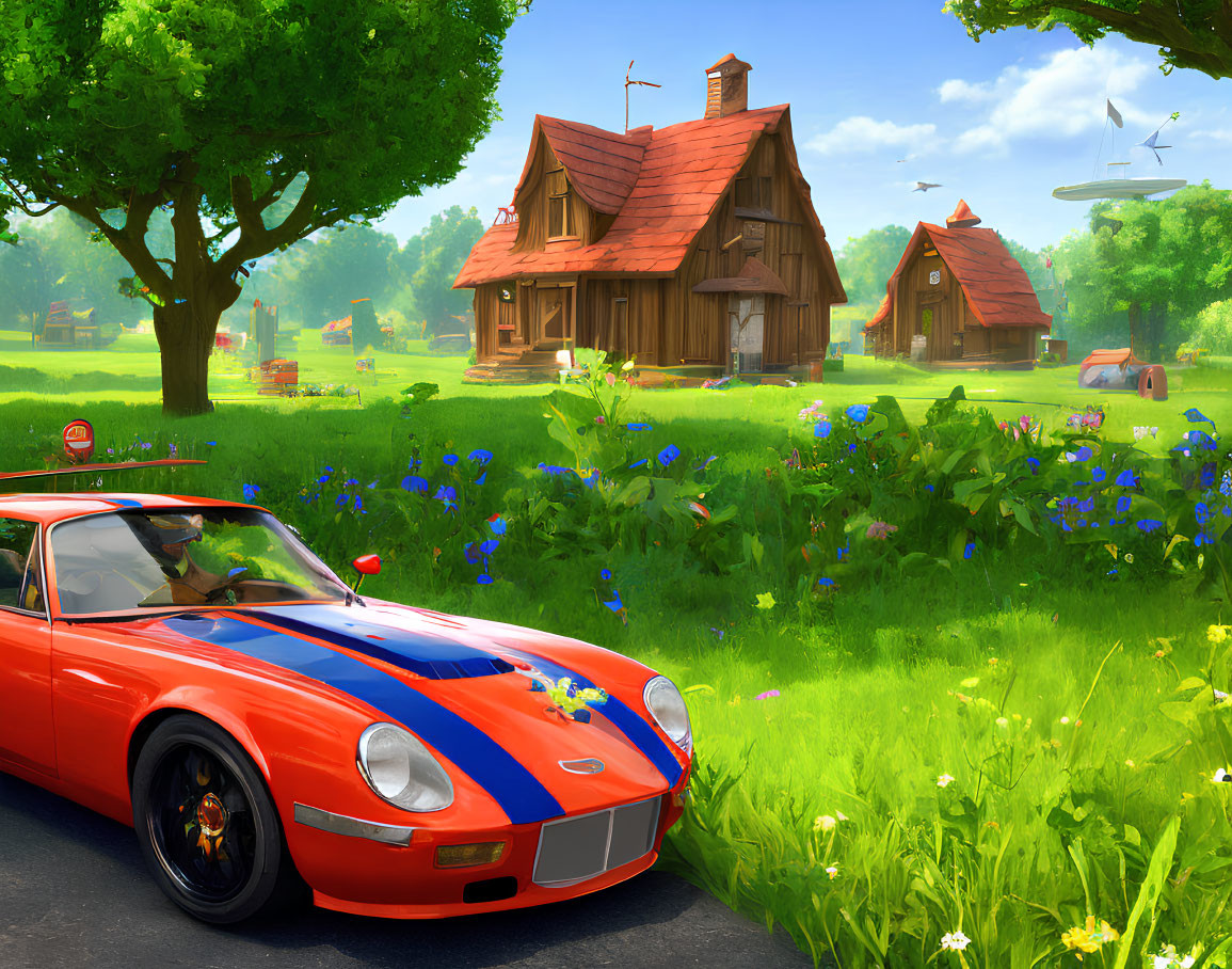 Colorful countryside landscape with red sports car, cottages, fields, and UFO in sky