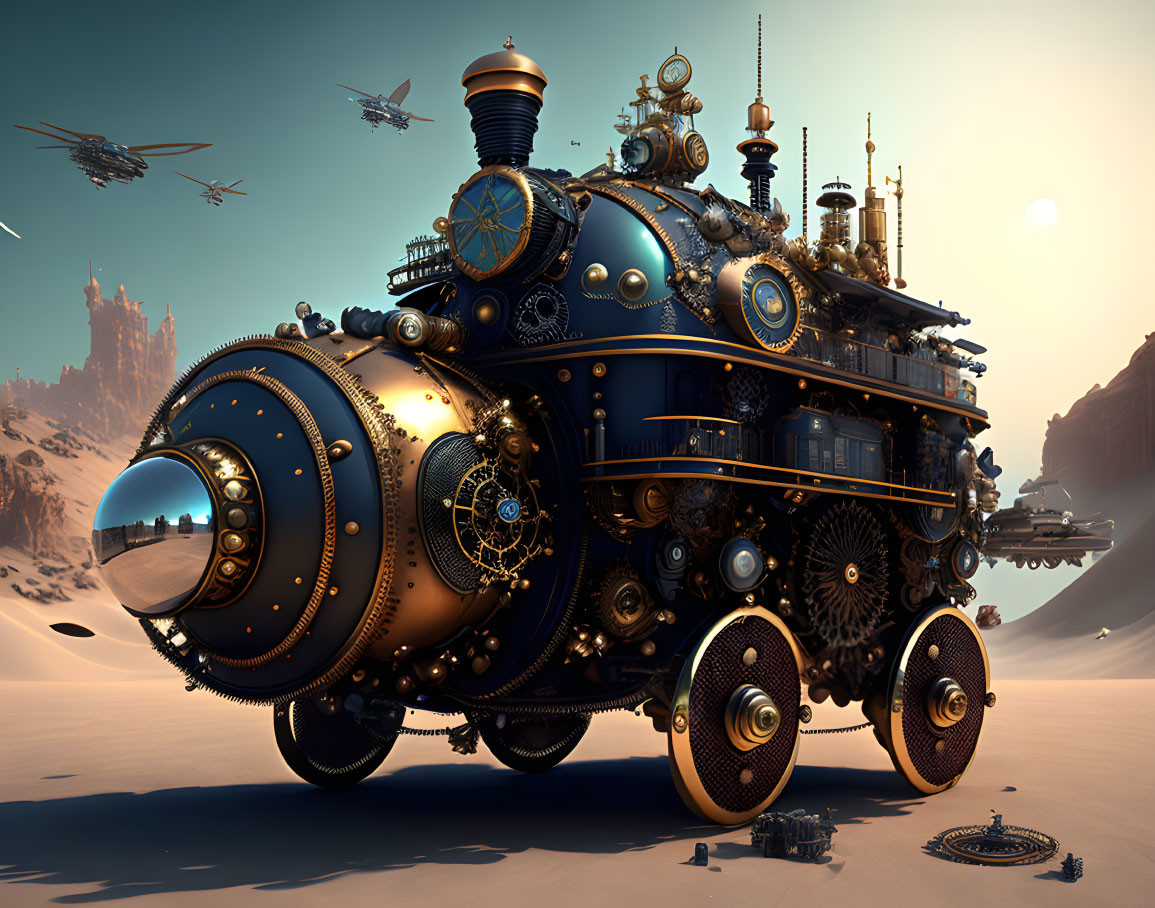 Steampunk-style vehicle with gears in desert landscape