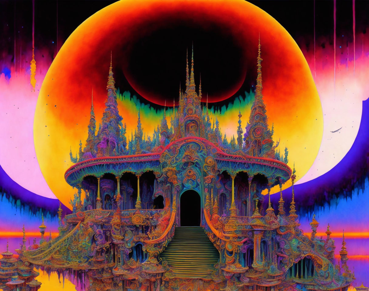 Colorful Psychedelic Temple Artwork with Orange Moon