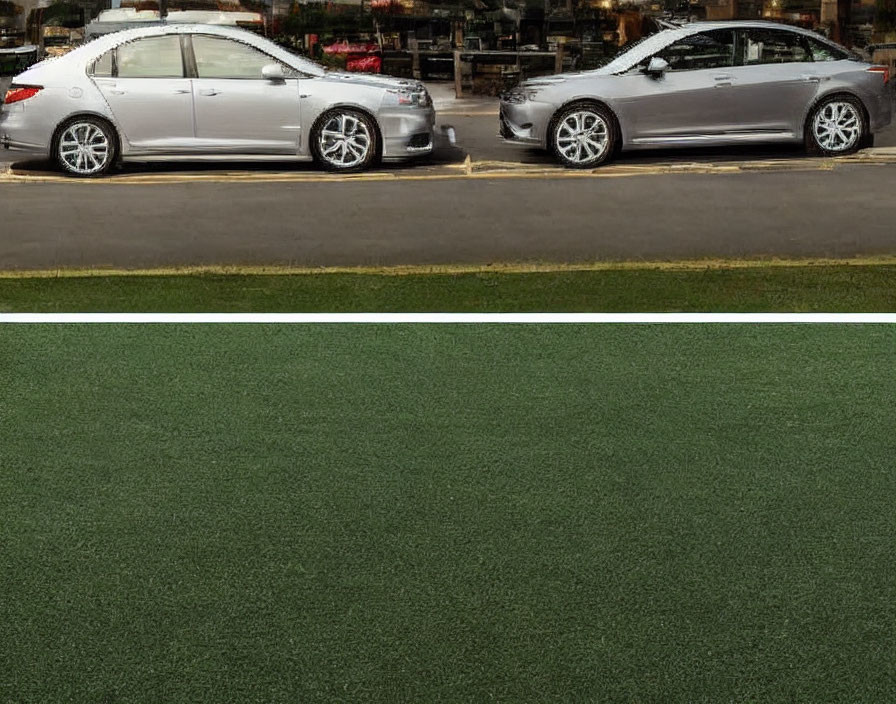 Three parked cars on street with two sedans and hatchback.