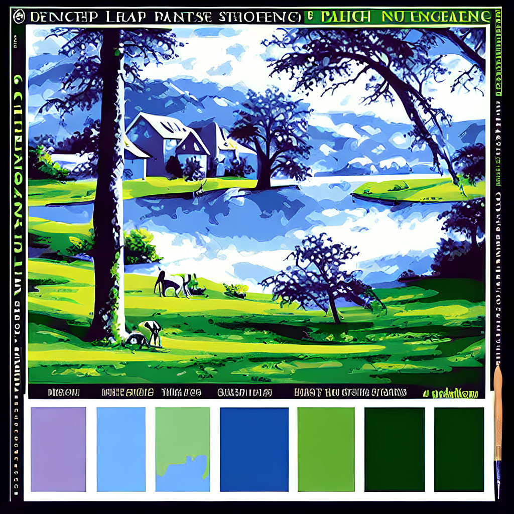 Colorful landscape painting with house, trees, lake, horses, and palette