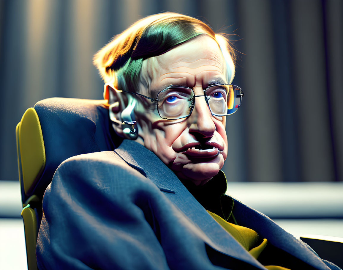 Stylized digital portrait of Stephen Hawking with exaggerated features and glasses.