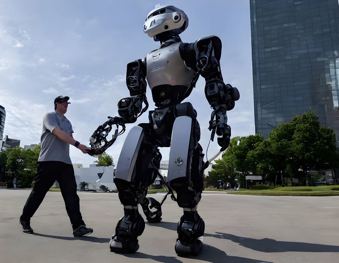 Man interacting with large bipedal robot in sunny urban setting