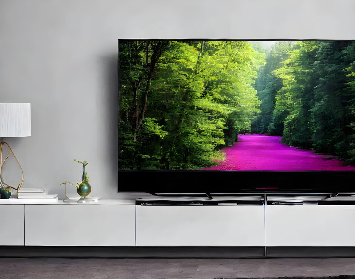 Modern Living Room with Large Flat-Screen TV and Vibrant Forest Image